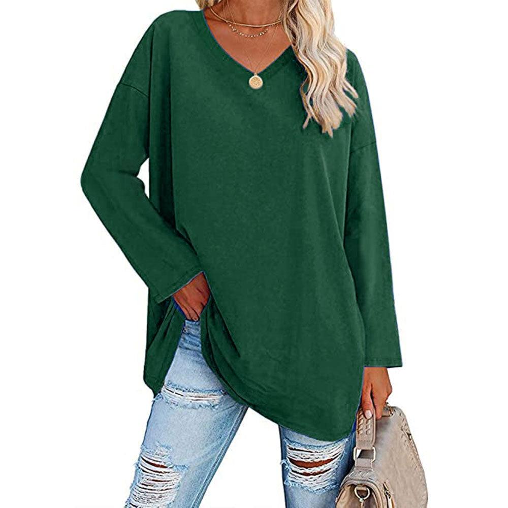 Solid Color Loose Drop Shoulder Sleeve V Neck Long Sleeve Blouse - Nioor