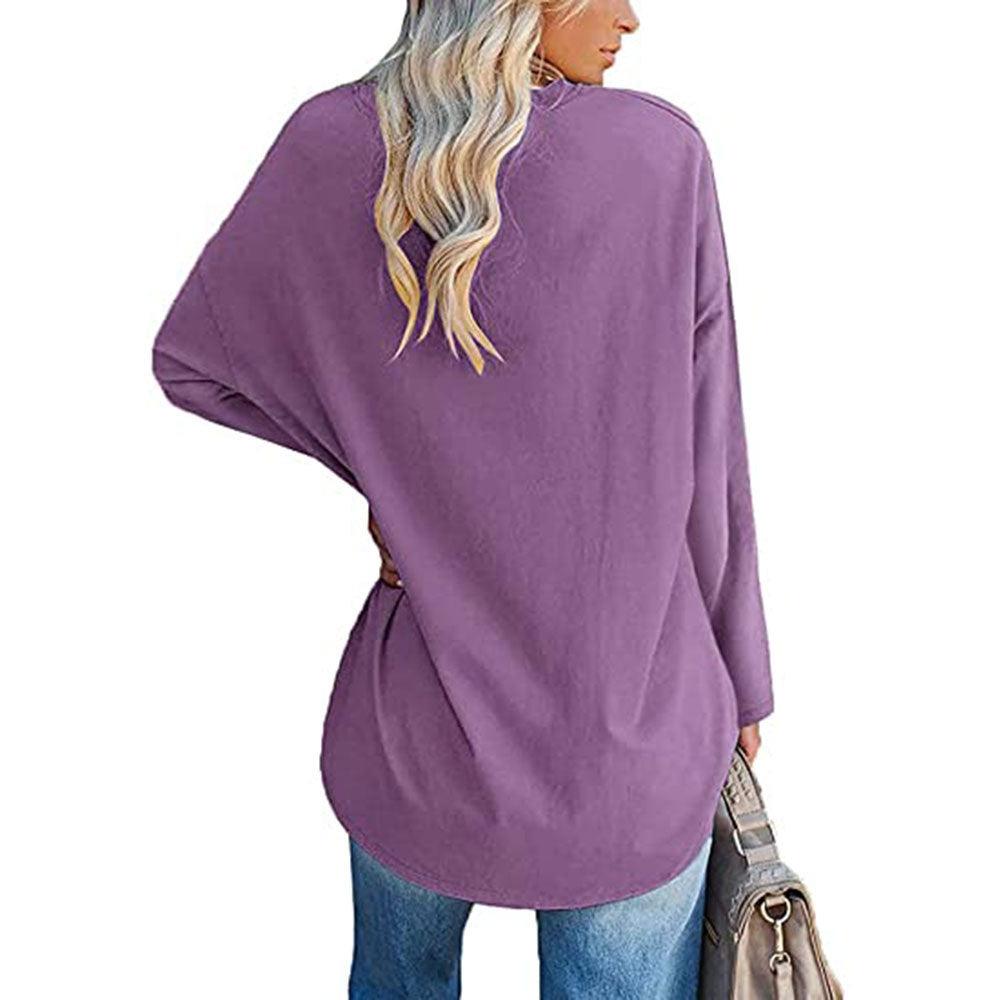 Solid Color Loose Drop Shoulder Sleeve V Neck Long Sleeve Blouse - Nioor