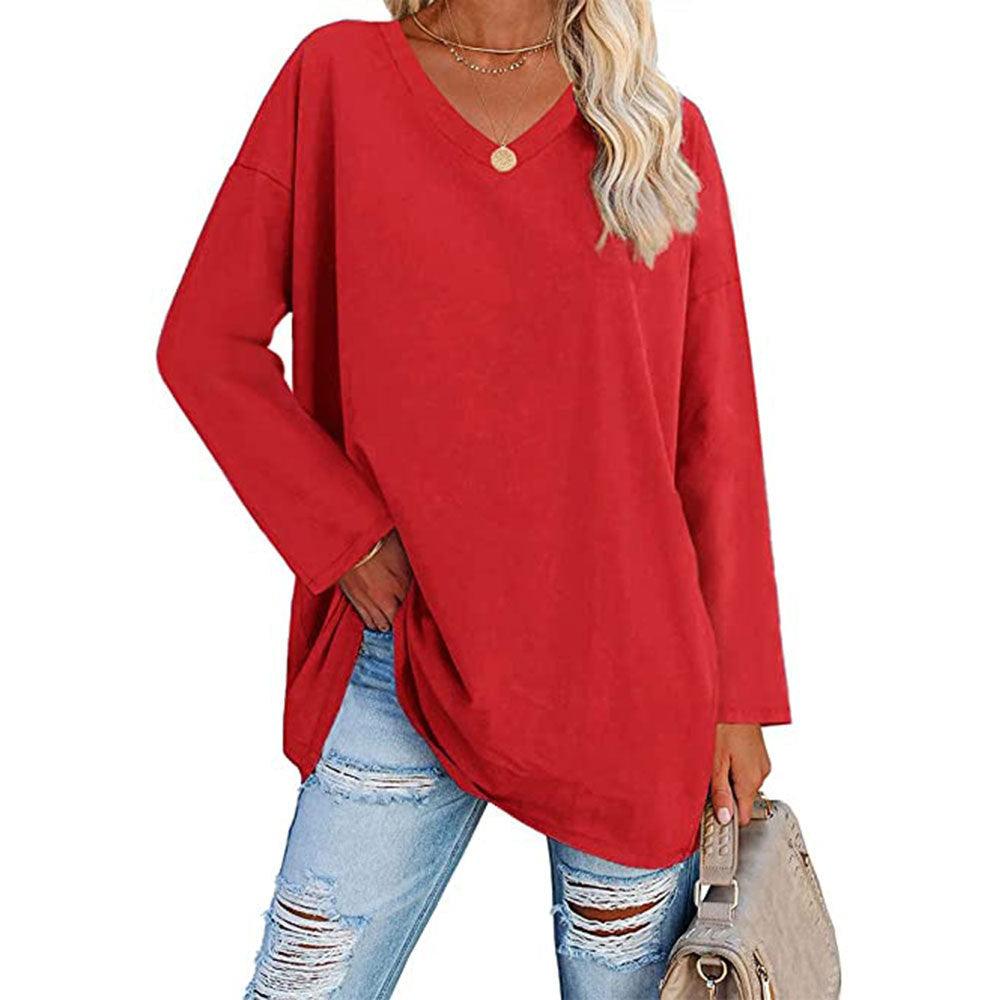 Solid Color Loose Drop Shoulder Sleeve V Neck Long Sleeve Blouse - Nioor