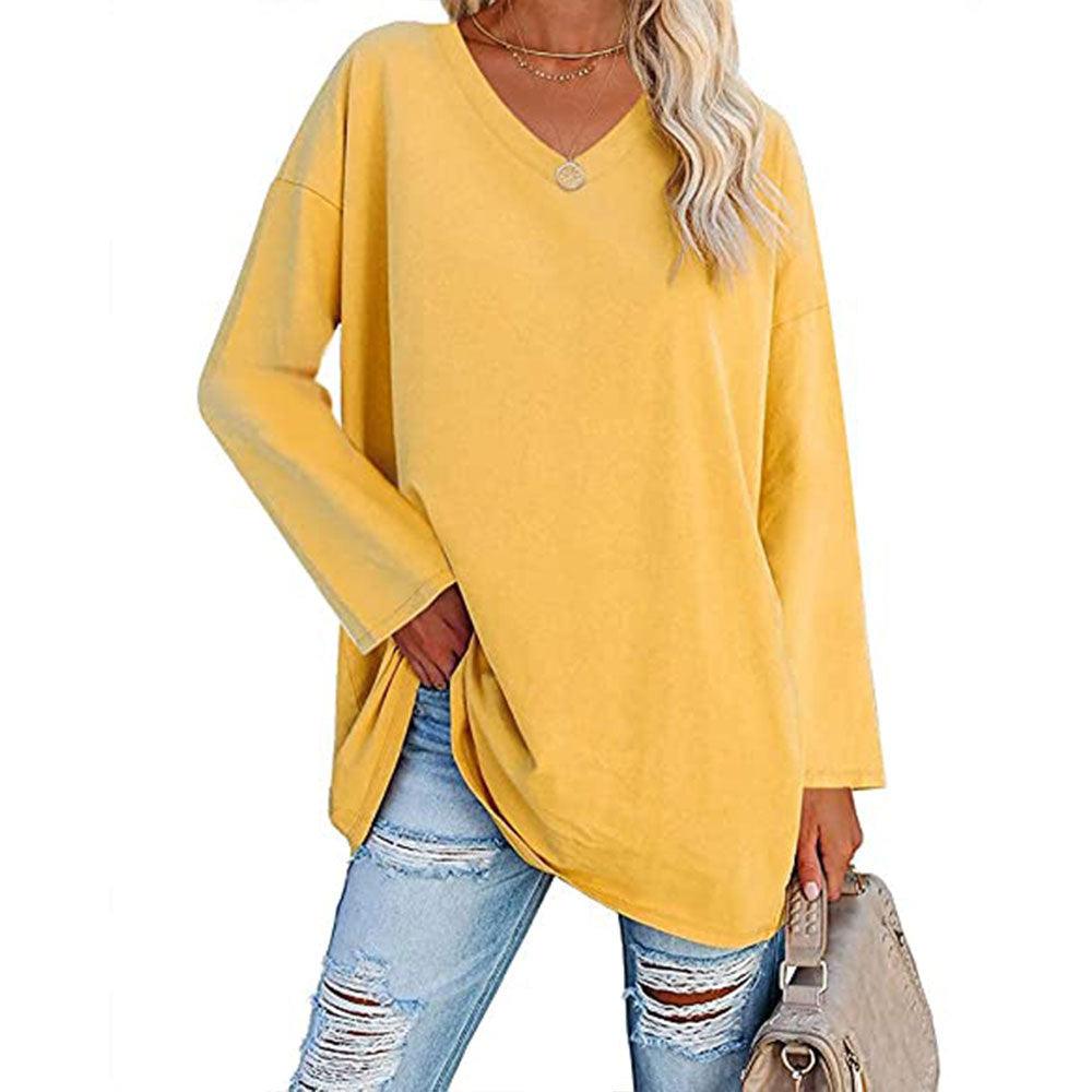 Solid Color Loose Drop Shoulder Sleeve V Neck Long Sleeve Blouse - Nioor