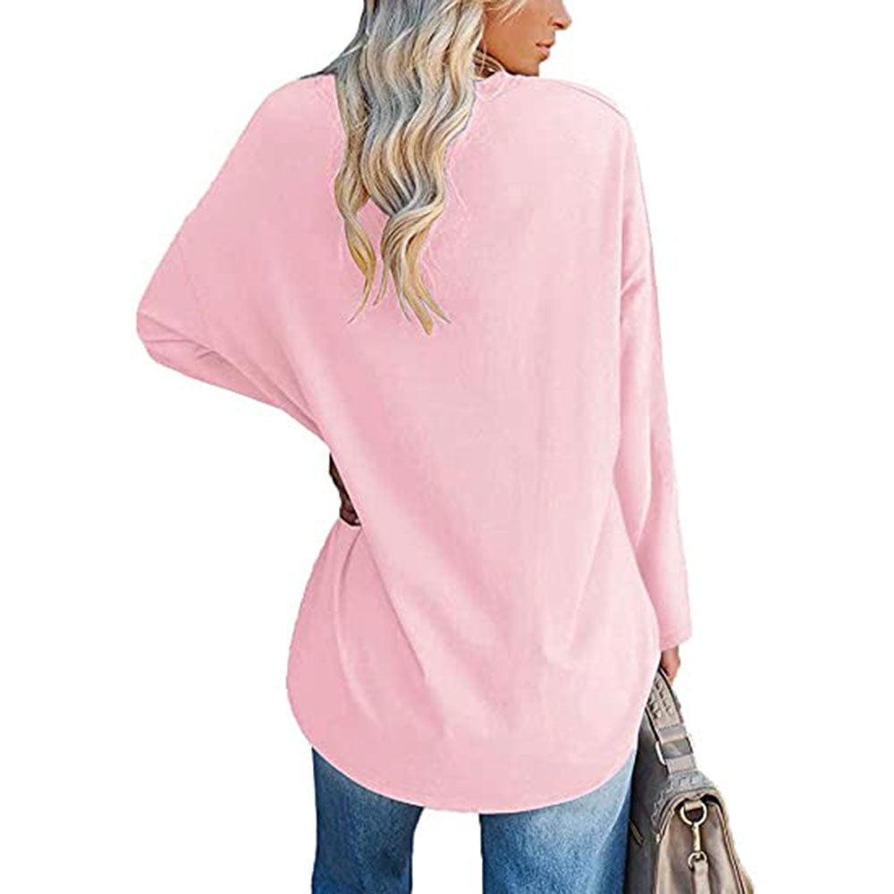 Solid Color Loose Drop Shoulder Sleeve V Neck Long Sleeve Blouse - Nioor