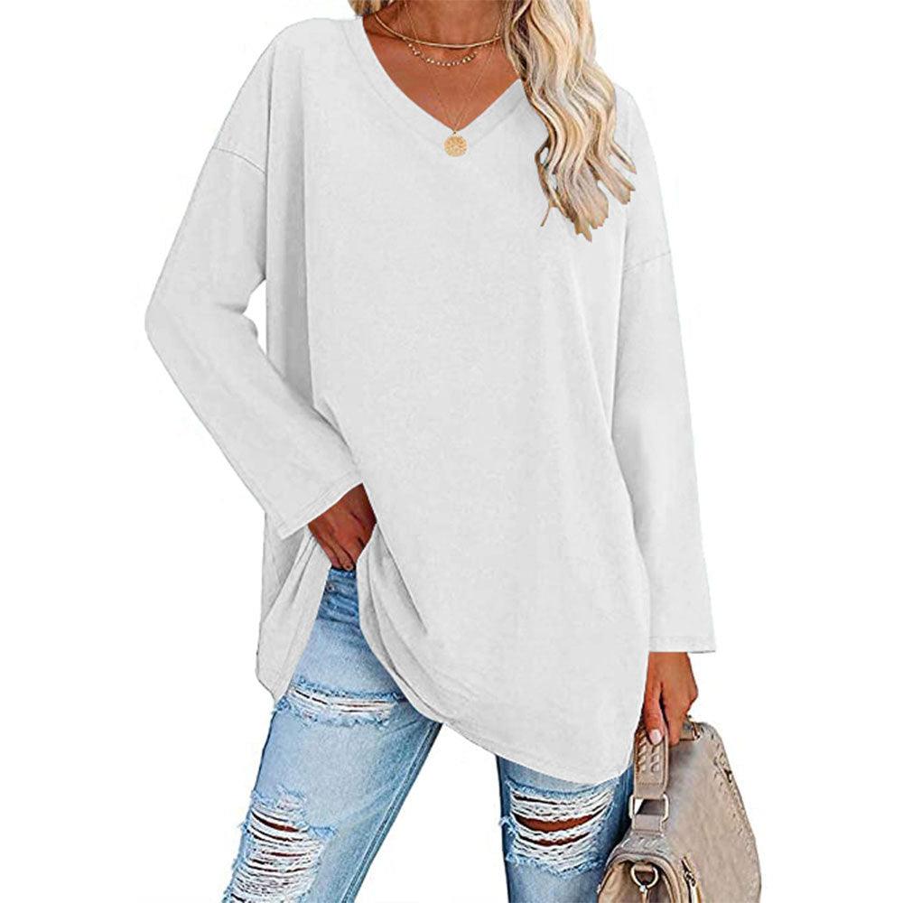 Solid Color Loose Drop Shoulder Sleeve V Neck Long Sleeve Blouse - Nioor