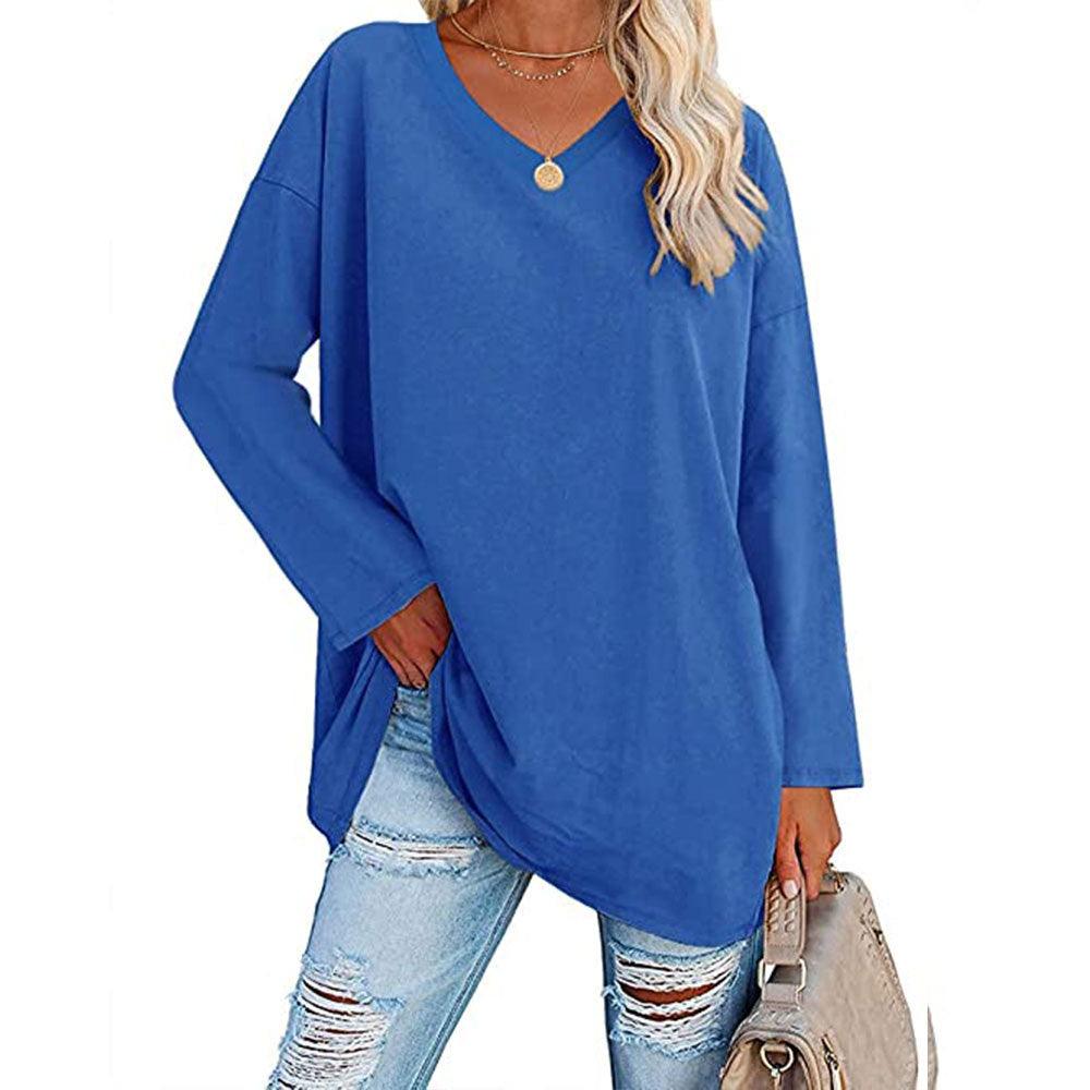 Solid Color Loose Drop Shoulder Sleeve V Neck Long Sleeve Blouse - Nioor