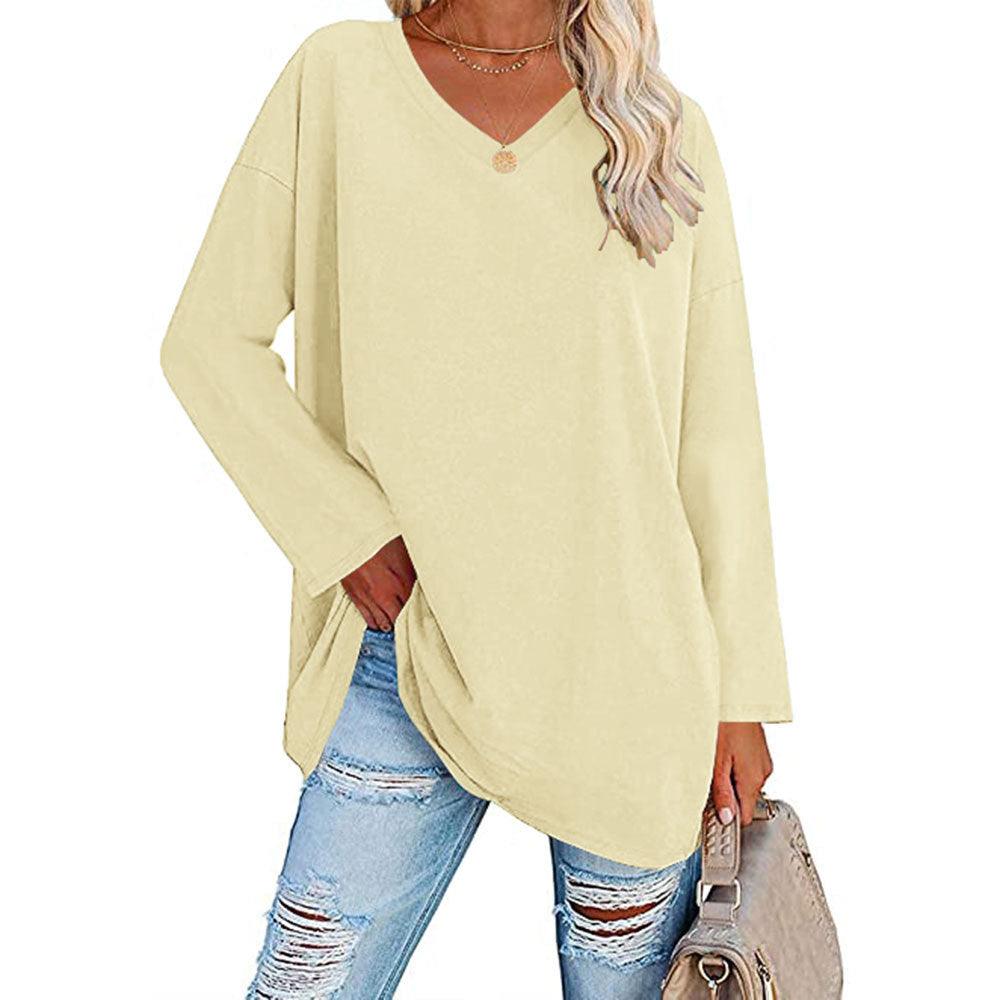 Solid Color Loose Drop Shoulder Sleeve V Neck Long Sleeve Blouse - Nioor