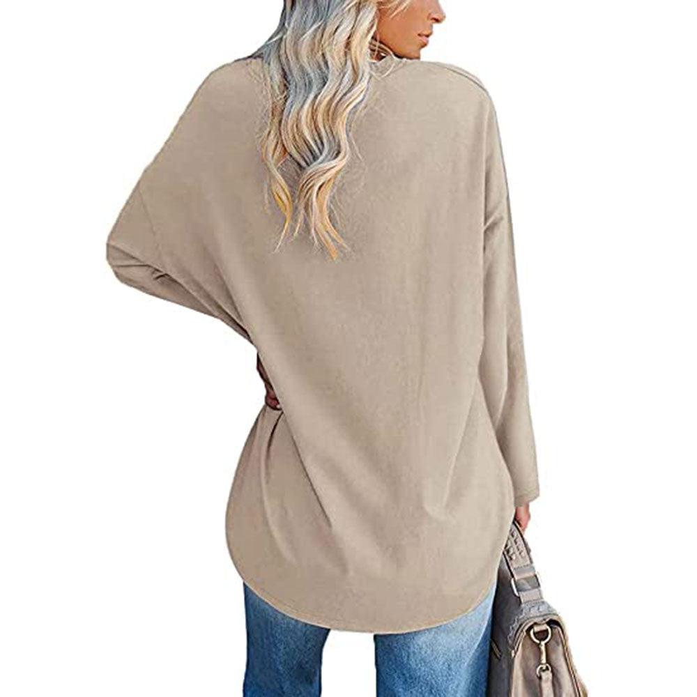 Solid Color Loose Drop Shoulder Sleeve V Neck Long Sleeve Blouse - Nioor