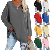 Solid Color Loose Drop Shoulder Sleeve V Neck Long Sleeve Blouse - Nioor