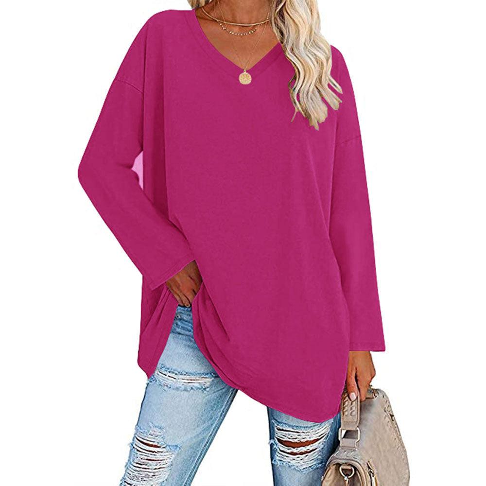 Solid Color Loose Drop Shoulder Sleeve V Neck Long Sleeve Blouse - Nioor