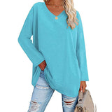 Solid Color Loose Drop Shoulder Sleeve V Neck Long Sleeve Blouse - Nioor