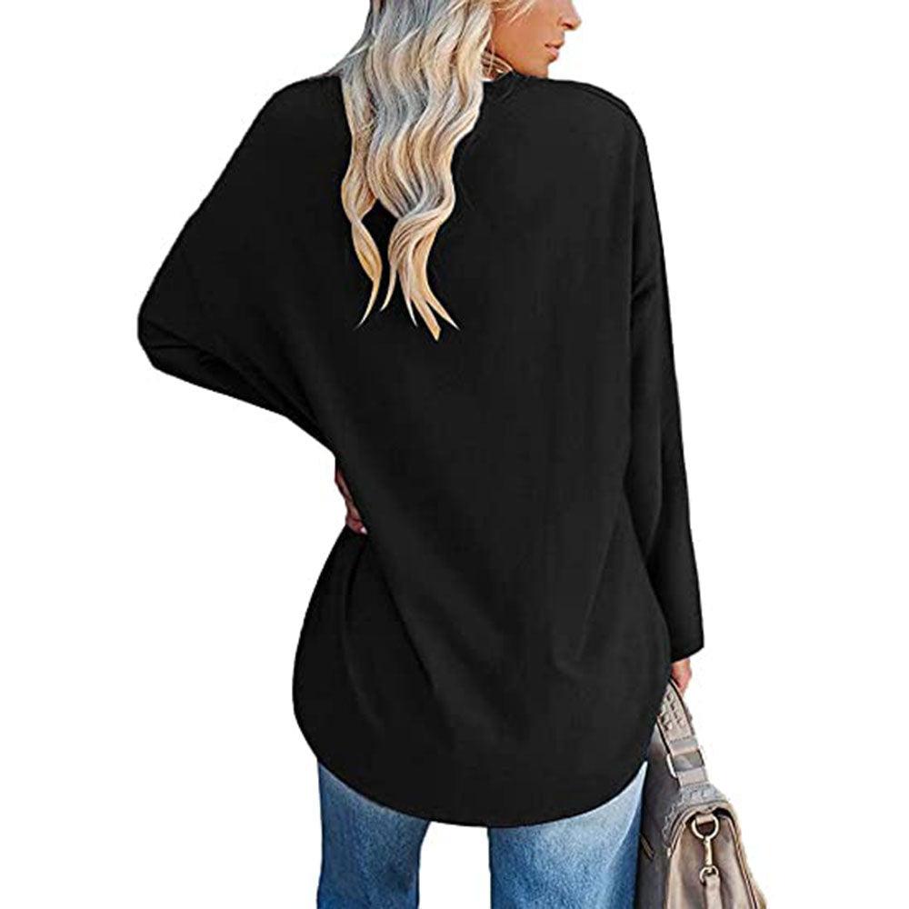 Solid Color Loose Drop Shoulder Sleeve V Neck Long Sleeve Blouse - Nioor