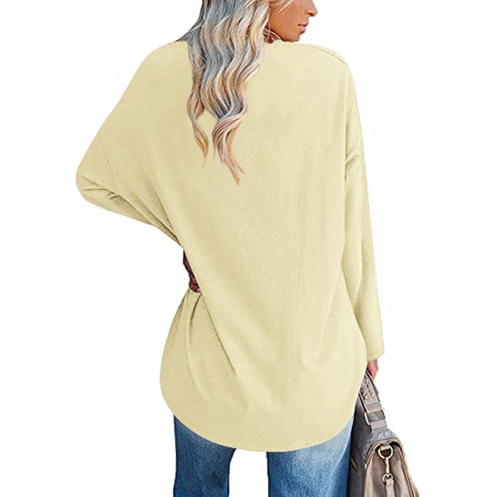 Solid Color Loose Drop Shoulder Sleeve V Neck Long Sleeve Blouse - Nioor