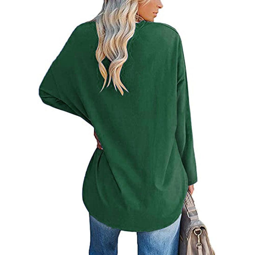 Solid Color Loose Drop Shoulder Sleeve V Neck Long Sleeve Blouse - Nioor