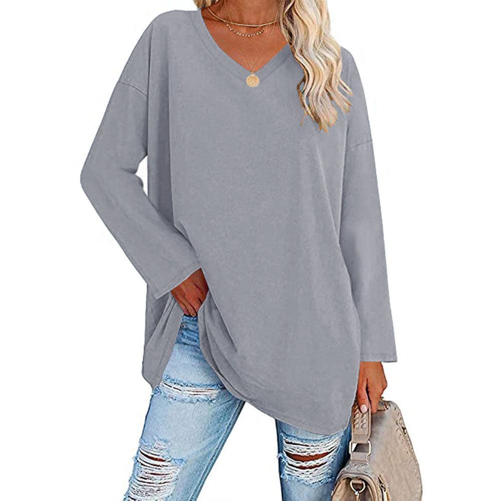 Solid Color Loose Drop Shoulder Sleeve V Neck Long Sleeve Blouse - Nioor