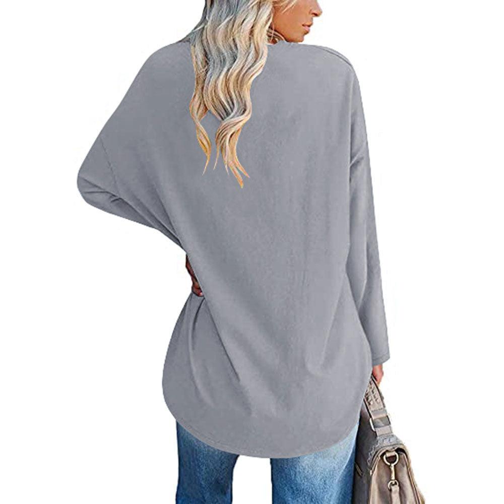 Solid Color Loose Drop Shoulder Sleeve V Neck Long Sleeve Blouse - Nioor