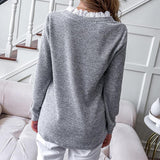 Solid Color Loose Pullover V-neck Long Sleeved T-shirt Women's Top - Nioor