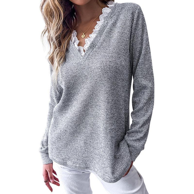 Solid Color Loose Pullover V-neck Long Sleeved T-shirt Women's Top - Nioor