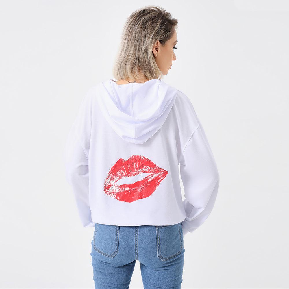 Solid Color Red Lip Print Stylish Loose-fitting Hoodie - Nioor