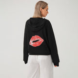 Solid Color Red Lip Print Stylish Loose-fitting Hoodie - Nioor