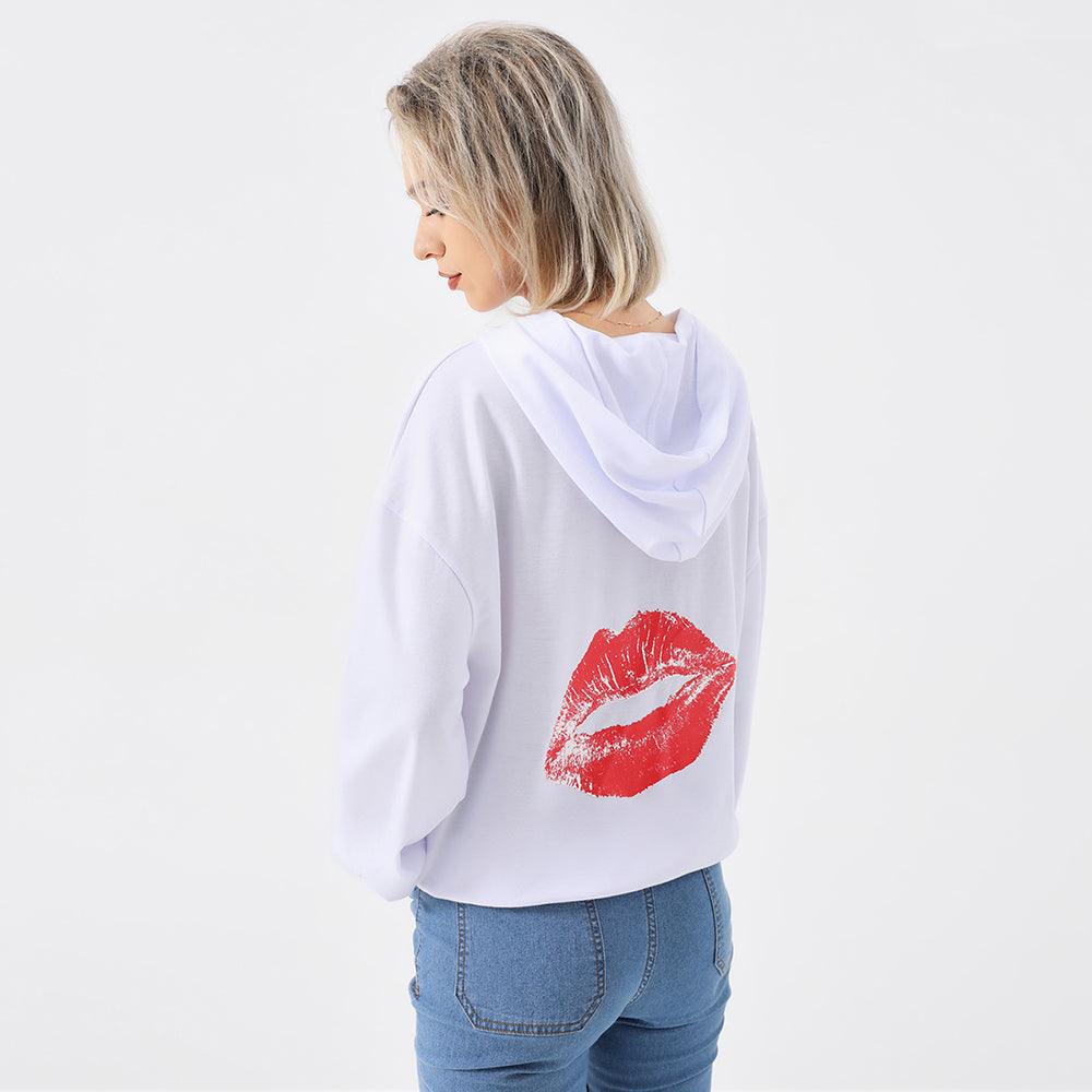 Solid Color Red Lip Print Stylish Loose-fitting Hoodie - Nioor