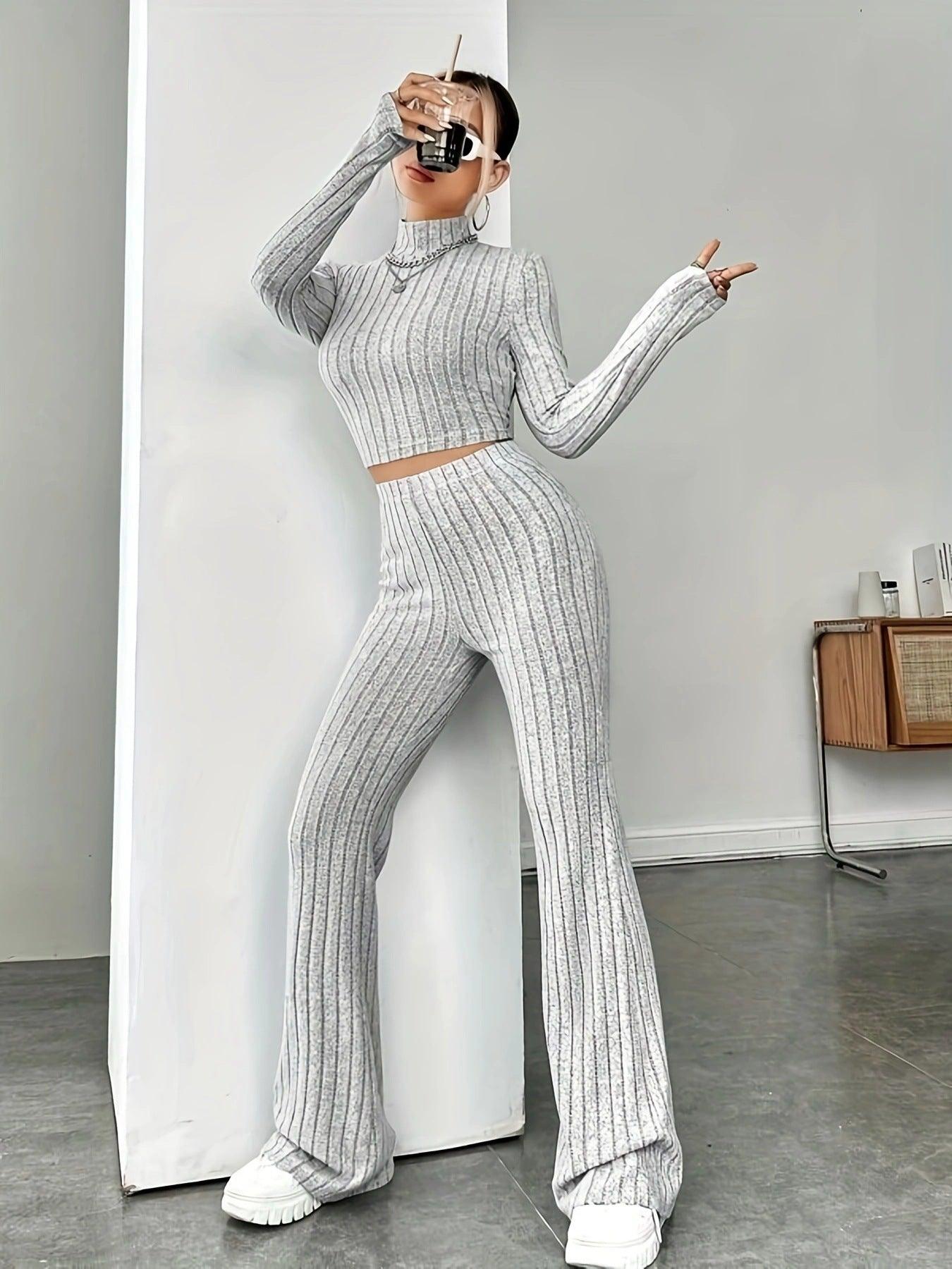 Solid Color Rib Fabric Women's Long-sleeved Knitwear And Trousers Suit - Nioor