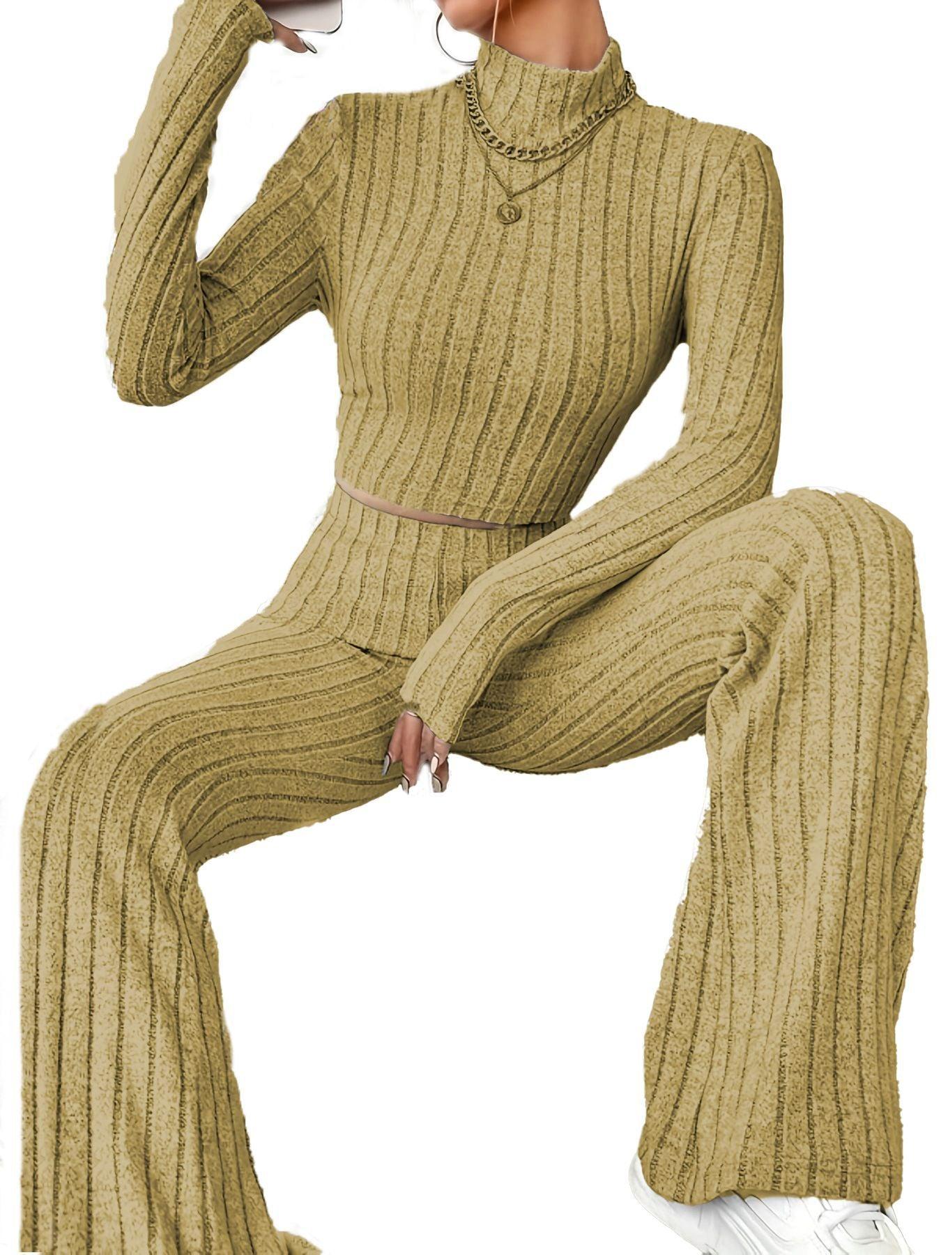 Solid Color Rib Fabric Women's Long-sleeved Knitwear And Trousers Suit - Nioor