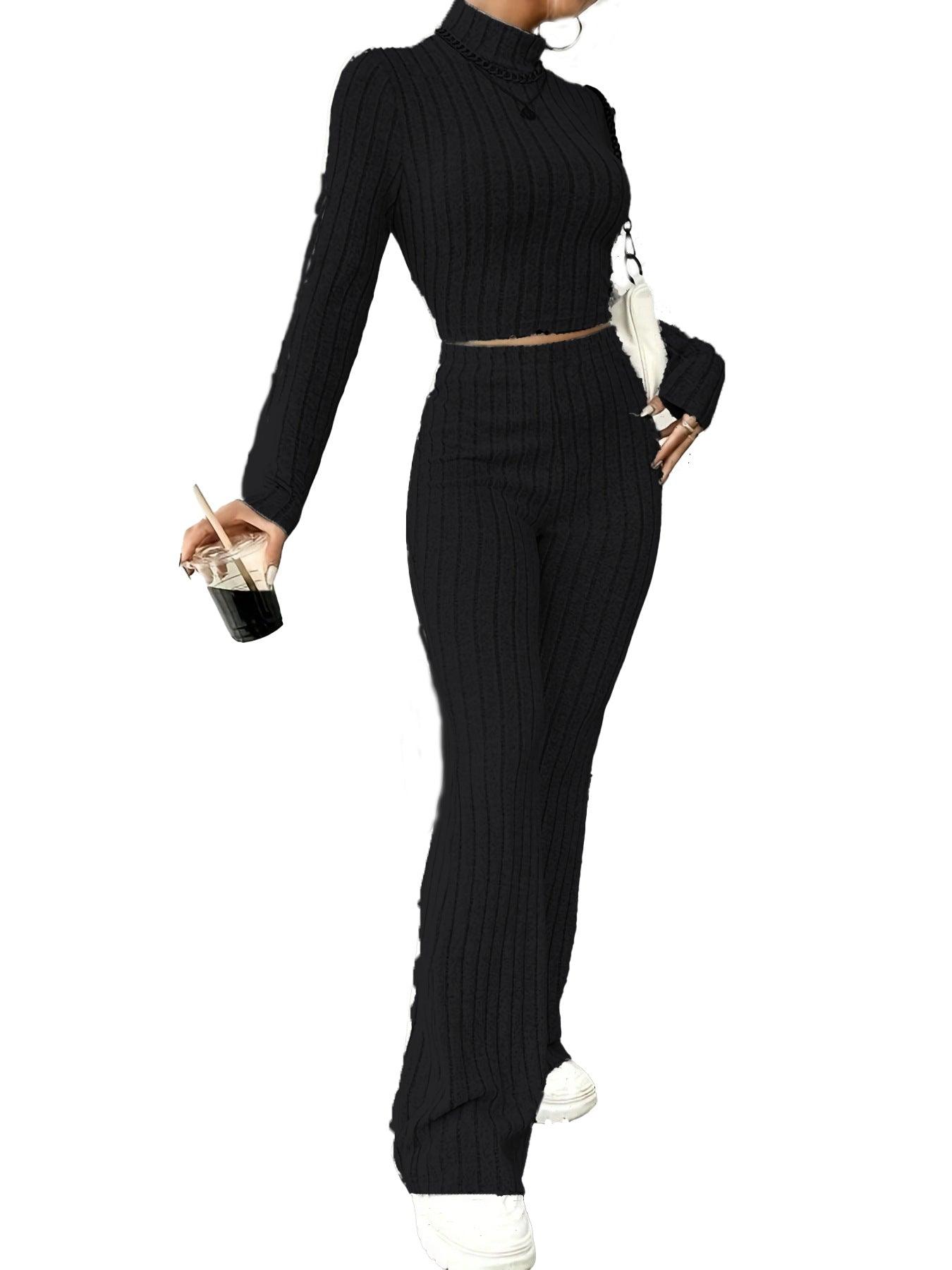 Solid Color Rib Fabric Women's Long-sleeved Knitwear And Trousers Suit - Nioor