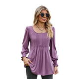 Solid Color Round Neck Drawstring Cuff Smocking Top - Nioor