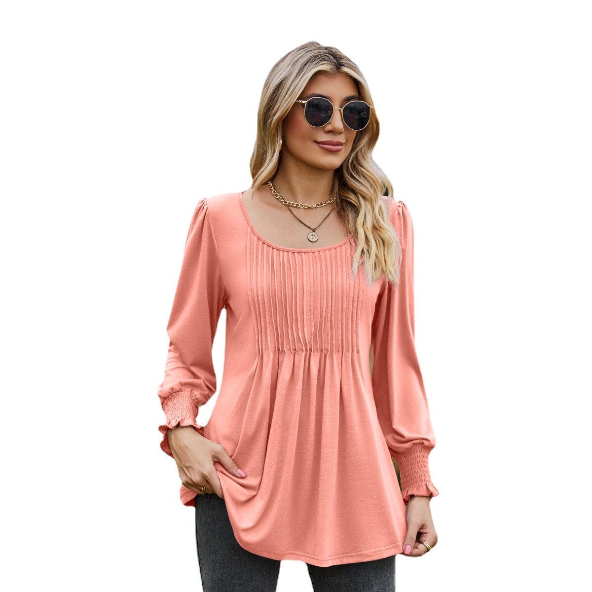 Solid Color Round Neck Drawstring Cuff Smocking Top - Nioor