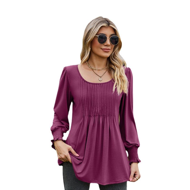 Solid Color Round Neck Drawstring Cuff Smocking Top - Nioor