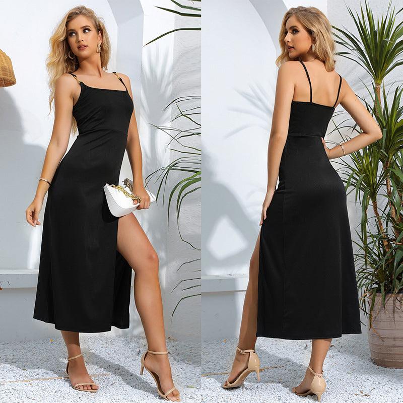 Solid Color Sling Waist Sexy Slit Sleeveless Dress - Nioor