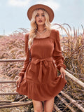 Solid Color U-shaped Collar Waist-controlled Long Sleeves Fashion Dress Women - Nioor