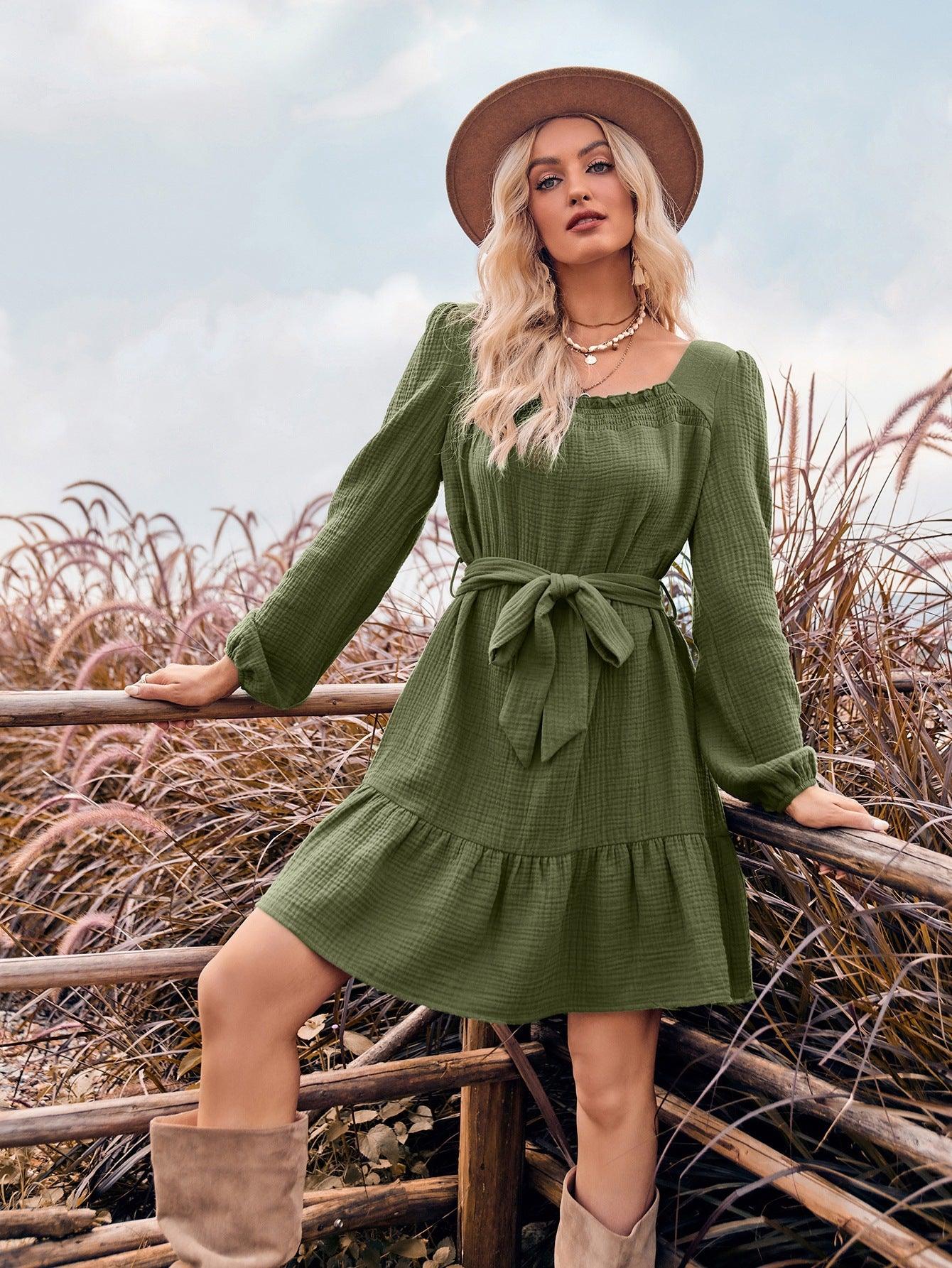 Solid Color U-shaped Collar Waist-controlled Long Sleeves Fashion Dress Women - Nioor