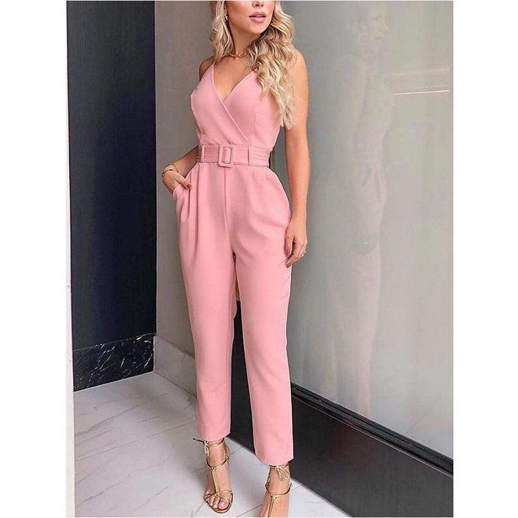 Solid Color Vneck Urban Casual Sexy Jumpsuit - Nioor