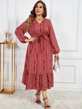 Solid Color Waist Tight Slimming Lace Up V-neck Long Sleeve Women's Dress - Nioor