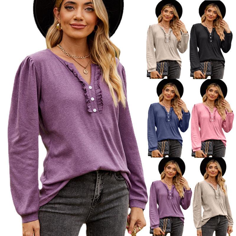 Solid V-neck Button Wooden Ear Edge Long Sleeve Top - Nioor