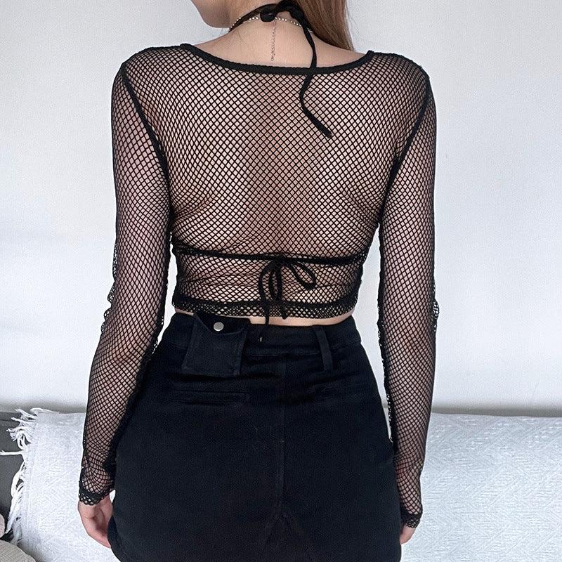 Spice Girls Sexy Features Pentagram Single-breasted See-through Hollow T-shirt Female New U Collar Mesh Long-sleeved Blouse - Nioor