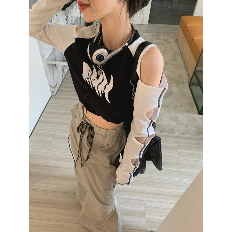 Spicy Girl Design Cut-out Off Shoulder T-Shirt - Nioor