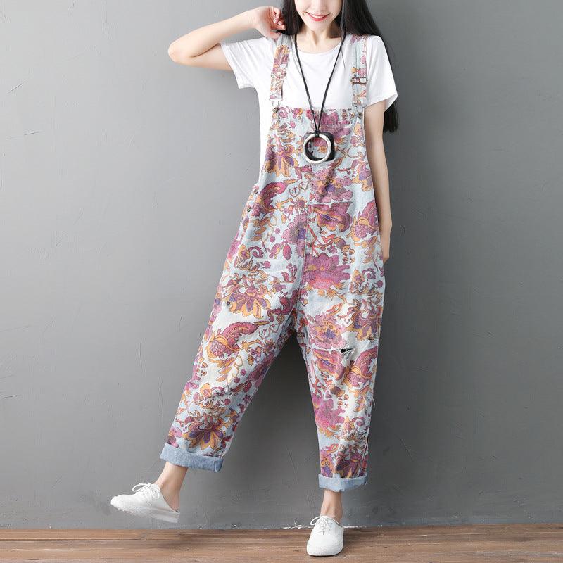 Spring And Summer Plus Size Overalls Ethnic Old Jeans Washed Holes Suspenders Wandering Style - Nioor