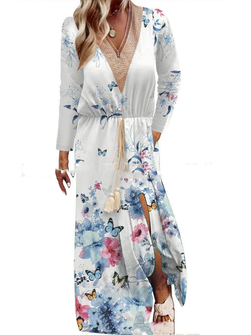 Spring And Summer Print Long Sleeve Dress Lace V-neck Waist Dress - Nioor