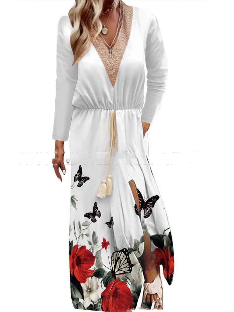 Spring And Summer Print Long Sleeve Dress Lace V-neck Waist Dress - Nioor