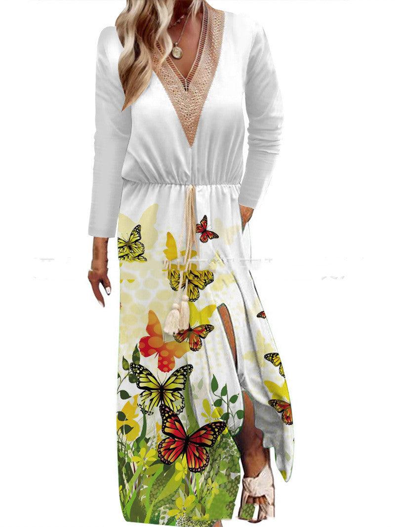 Spring And Summer Print Long Sleeve Dress Lace V-neck Waist Dress - Nioor