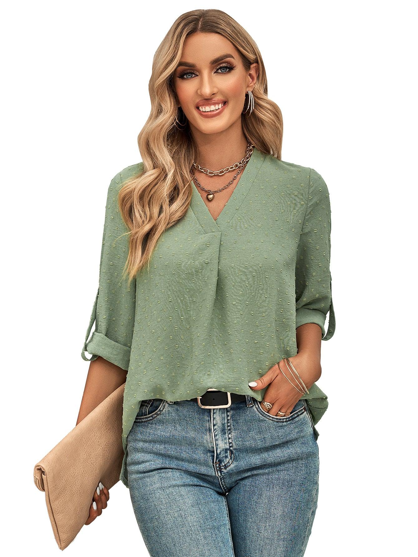 Spring And Summer Women's Clothing Fashion Solid Color Loose V-neck 34 Sleeves Top - Nioor