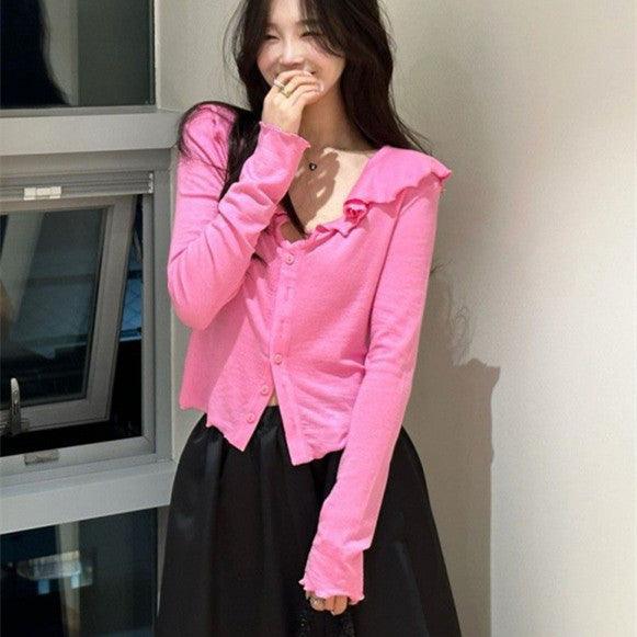 Spring New Korean Style Loose Tencel Ruffled Top Bottoming Shirt Long Sleeve - Nioor