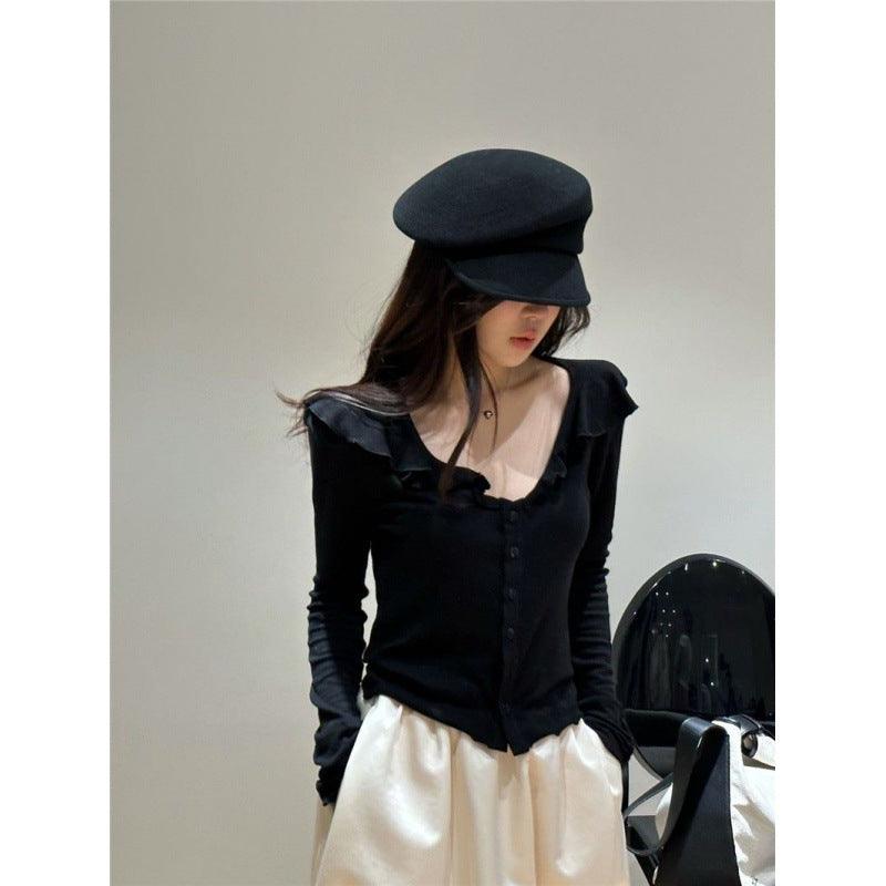 Spring New Korean Style Loose Tencel Ruffled Top Bottoming Shirt Long Sleeve - Nioor