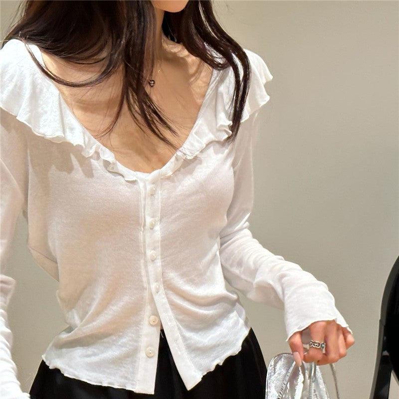 Spring New Korean Style Loose Tencel Ruffled Top Bottoming Shirt Long Sleeve - Nioor