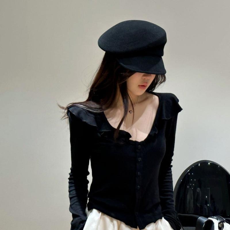 Spring New Korean Style Loose Tencel Ruffled Top Bottoming Shirt Long Sleeve - Nioor