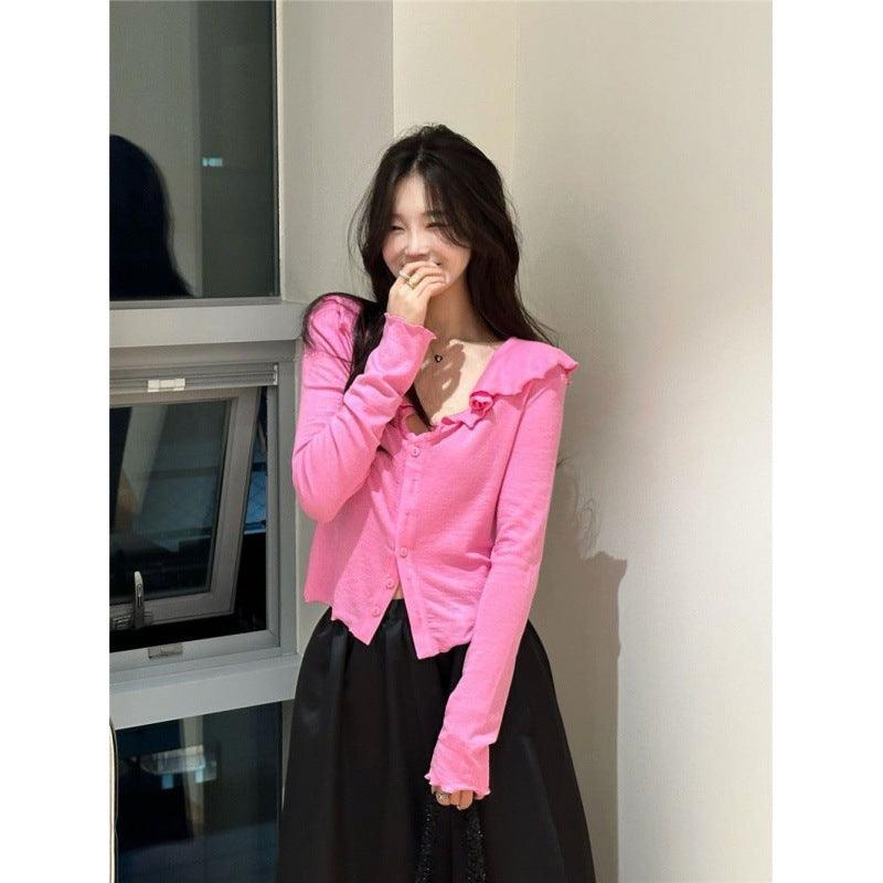 Spring New Korean Style Loose Tencel Ruffled Top Bottoming Shirt Long Sleeve - Nioor