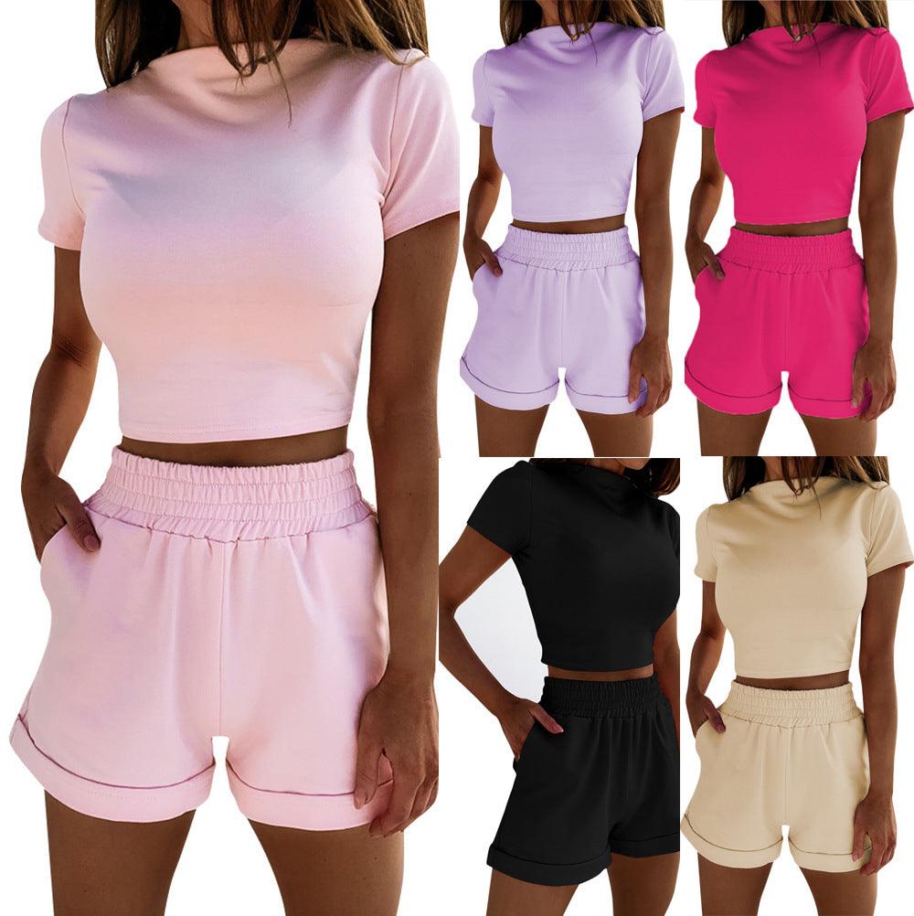 Spring New Women's Clothing Fashion Suit Two-piece Short Sleeve High Waist Cropped Shorts - Nioor