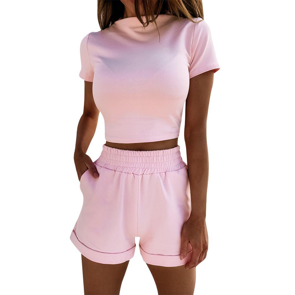 Spring New Women's Clothing Fashion Suit Two-piece Short Sleeve High Waist Cropped Shorts - Nioor