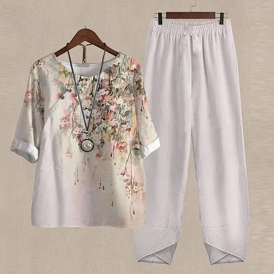 Spring New Women's Five-quarter Sleeve Printed Top Two-piece Pants - Nioor