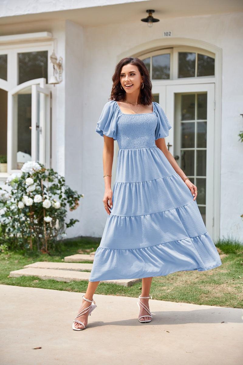 Square Collar Backless Puff Sleeve Pleated Short Sleeves Dress - Nioor